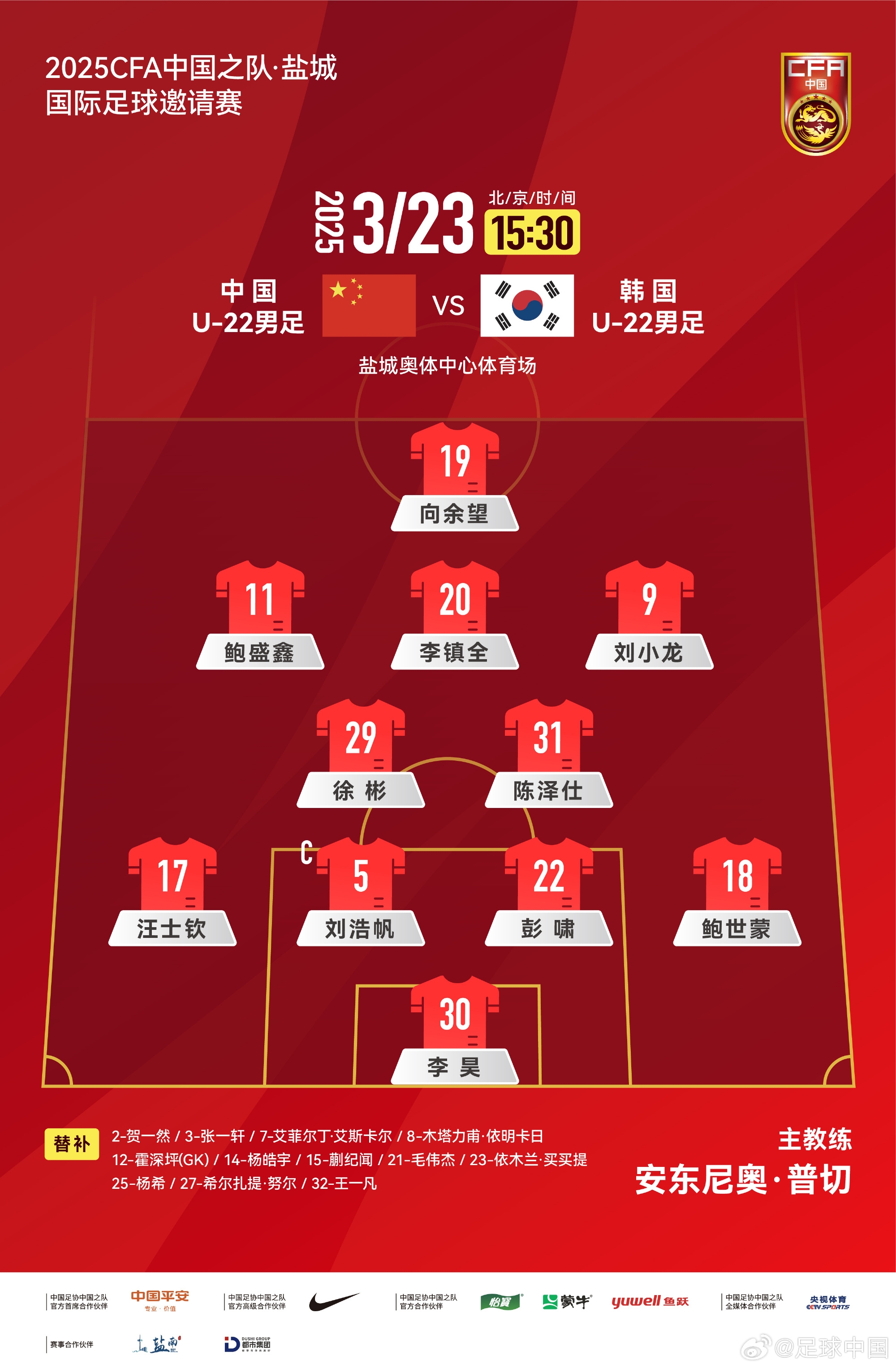 鹽城四國(guó)賽，中國(guó)U-22男足對(duì)陣韓國(guó)U-22男足，中國(guó)隊(duì)首發(fā)陣容