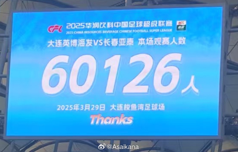 中超歷史第二！英博首個中超主場觀眾60126名 僅次2012年南京奧體